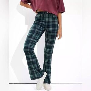 American Eagle Blue Green High Waisted Plaid Flare Bellbottom Stretch Pants
